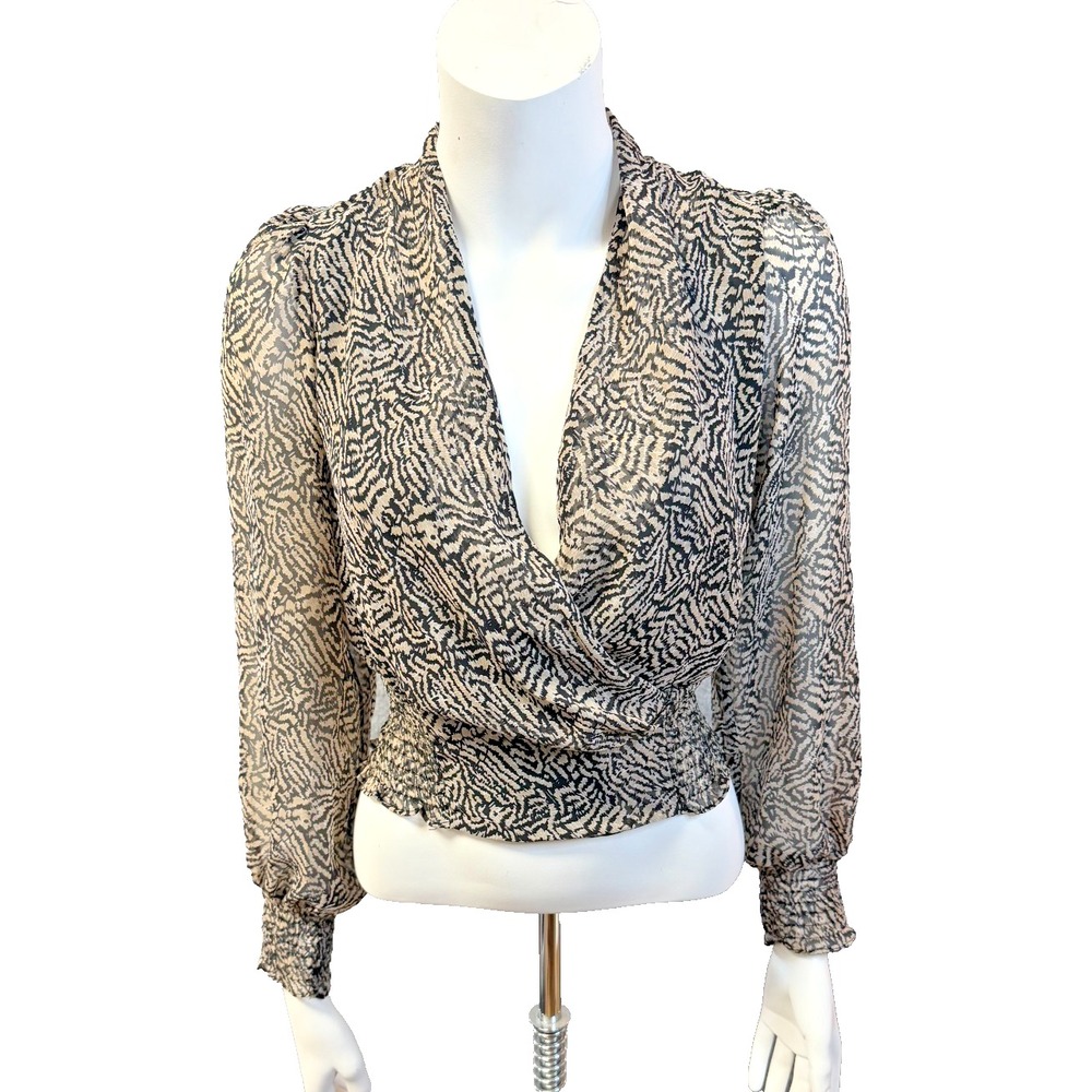ASTR The Lablel Dinah‎ Blouse Black Taupe Animal Print Sheer Sleeves